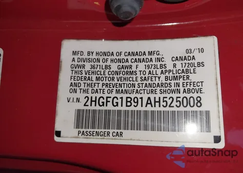 2010 Honda Civic Ex-L z USA, uszkodzony, nr VIN 2HGFG1B91AH525008